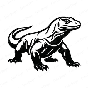 May include: A black and white graphic illustration of a Komodo dragon in a side profile stance. The design features bold, solid black shapes and clean lines to define the lizard's muscular body, textured skin, sharp claws, and curved tail.