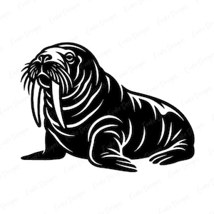 May include: A black and white graphic illustration of a walrus in a side profile view. The design features bold, solid black shapes with white negative space to define the walrus's tusks, whiskers, and body contours against a plain background.