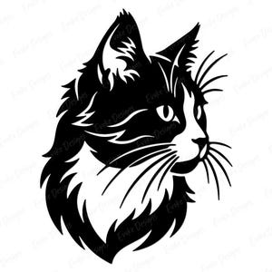 Puede incluir: Una ilustración gráfica en blanco y negro de una cabeza de gato de perfil. El diseño presenta formas negras sólidas y audaces sobre un fondo blanco, representando las orejas puntiagudas, los bigotes largos y una mancha blanca en la cara.