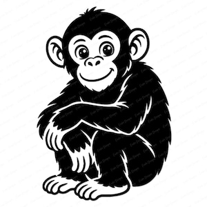 Pode incluir: Ilustração a preto e branco de um chimpanzé sentado. O chimpanzé tem um rosto sorridente, olhos grandes e é coberto de pêlo. A imagem é um design simples em estilo cartoon.
