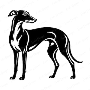 Könnte beinhalten: Eine schwarz-weiße grafische Illustration eines Windhundes, der im Profil steht. Das Design zeigt kräftige, massive schwarze Formen mit Negativraum, die die Gestalt des Hundes bilden, einschließlich seiner schlanken Beine und des langen Schwanzes.