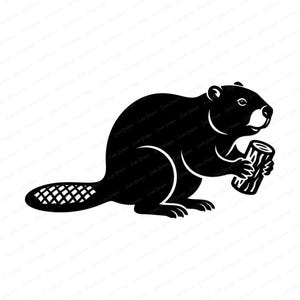 Könnte beinhalten: Schwarz-Weiß-Illustration eines Bibers, der einen Baumstamm hält. Der Biber ist im Profil dargestellt, wobei sein Schwanz und Körper sichtbar sind. Der Stamm wird in seinen Vorderpfoten gehalten.