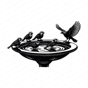 Baño para pájaros de gorrión SVG: Siluetas de pájaros lindos SVG, Clipart de baño para pájaros de jardín, Gorrión PNG, Arte de aves de jardín SVG para Cricut (Descarga digital)