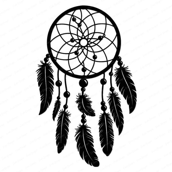 Traumfänger SVG - Einzigartige Traumfänger Silhouette mit Federn und Perlen, Boho Clipart Png, Svg Cut File für Cricut (digitaler Download)