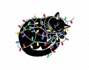 Cat and Christmas Lights SVG - Cute Sleeping Cat Tangled in Colorful Xmas Lights Clipart, Cat Lover Png, Cat Silhouette (Digital Download)