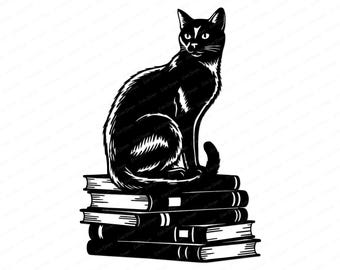 Cat Sitting On Books SVG - Cute Kitty Book Lover Clipart, Cat on Book Stack Svg File for Cricut, Bookish Booktrovert Png, Commercial Use