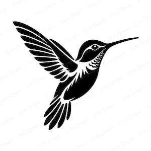 Puede incluir: Una ilustración gráfica en blanco y negro de un colibrí en vuelo. El ave se muestra de perfil con las alas extendidas hacia arriba, un pico largo y delgado, y patrones de plumas detallados en negro sobre un fondo blanco.