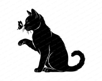 Cat & Butterfly SVG Cut File - Sweet Sitting Cat Silhouette with Butterfly, Cricut and Silhouette Decal Design, Cat Lover Digital Download