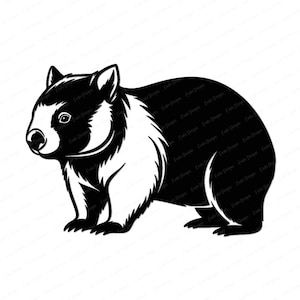 Peut inclure: Illustration en noir et blanc d'un wombat. Le wombat est représenté de profil, avec un corps arrondi, des pattes courtes et une tête distinctive. Le design utilise des zones noires et blanches pour définir la forme de l'animal.
