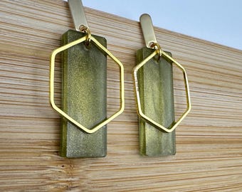 Olive Green Resin Earrings: Gold Hexagon Dangles, Boho Statement Jewelry | Sterling Silver