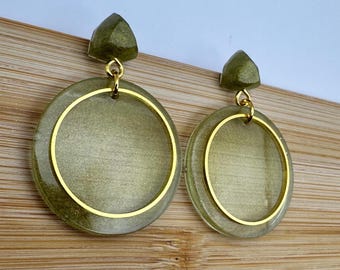 Olive Green Resin Earrings: Gold Frame Boho Statement Jewelry | Sterling Silver