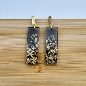 Black and Gold Foil Rectangle Earrings: Modern Resin Dangle Jewelry