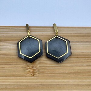 Black Resin Hexagon Earrings: Gold Accent Geometric Dangles