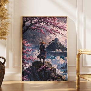 Samurai Landscape Canvas Wall Art – Japanese Warrior Poster with Cherry Blossoms for Living Room Decor, Zen Aesthetic Home Decoration