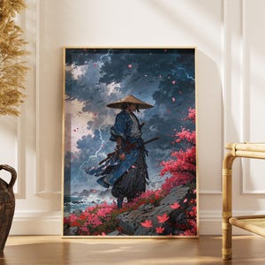Samurai Storm Canvas Wall Art – Japanese Warrior Poster in Nature for Living Room Decor, Dark Aesthetic Home Art, Zen Interior Design