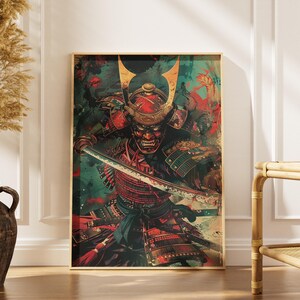 Samurai Warrior Skull Wall Art, Japanese Demon Poster or Canvas, Dark Ronin Decor, Bushido Spirit, Katana Battle Scene Print Living Room.