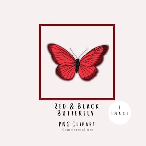 May include: A red and black butterfly illustration. The butterfly is centered within a dark red square frame. The text "RED & BLACK BUTTERFLY" and "PNG CLIPART" are below the butterfly. A white circle with the number "1 IMAGE" is on the right.