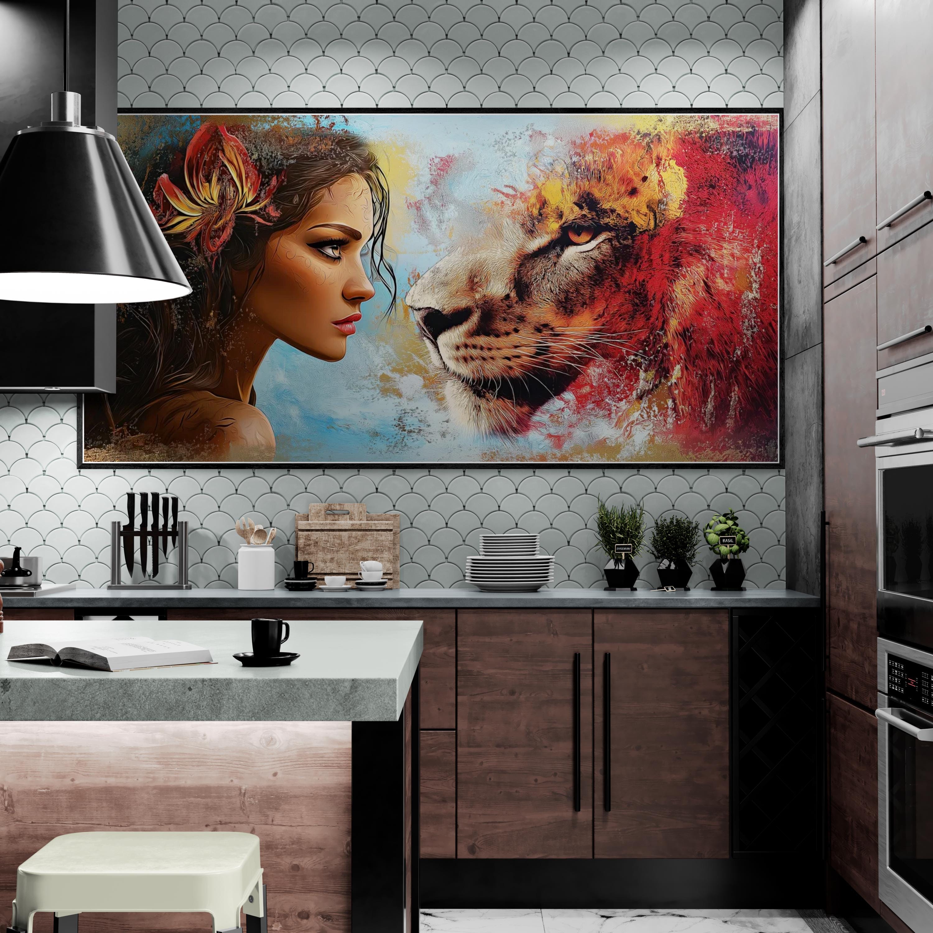 Bold Art Print With Lion Woman Canvas of Woman and Tiger Painting Home ...