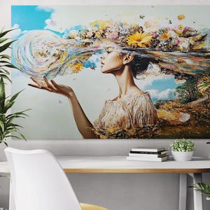 Beautiful Woman Painting Abstract Woman Canvas Butterfly Art Romantic Woman Abstract Print Girl Oil Painting Flower Head Canvas Print
