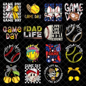 Puede incluir: Una colección de gráficos con temática de béisbol y softbol con las palabras "Game Day" y otras frases relacionadas. Los diseños incluyen pelotas de béisbol, pelotas de softbol, lazos y una calavera con una gorra de béisbol. La paleta de colores incluye rojo, amarillo, blanco y negro.