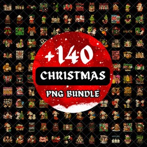 Puede incluir: Una colección de más de 140 gráficos PNG con temática navideña. La imagen presenta varios diseños, incluyendo a Snoopy, el Grinch y texto festivo. El elemento central es un círculo rojo con el texto "+140 CHRISTMAS PNG BUNDLE".
