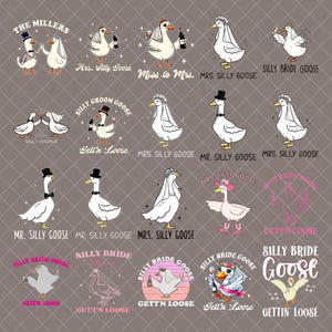 Puede incluir: Una colección de ilustraciones caprichosas con gansos en diversas escenas de boda. Los diseños incluyen gansos vestidos de novias y novios, sosteniendo copas de vino y botellas, con textos como "Mrs. Silly Goose" y "Silly Bride Goose".