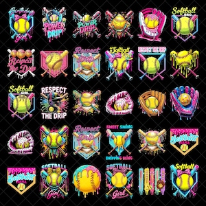 Puede incluir: Una colección de gráficos coloridos con temática de softbol sobre un fondo negro. Cada diseño presenta una pelota de softbol, bates y texto como "Birthday Girl", "Power Drip" y "Respect the Drip". Los diseños utilizan colores vibrantes rosa, azul y amarillo.