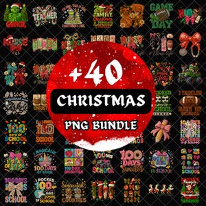 Puede incluir: Un conjunto de 40 gráficos PNG con varios diseños, incluyendo Navidad, escuela y temas de enfermería. El texto "+40 CHRISTMAS PNG BUNDLE" se muestra prominentemente en el centro, rodeado por un círculo rojo.