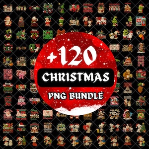 Puede incluir: Una colección de más de 120 gráficos PNG con temática navideña sobre un fondo negro. Los diseños incluyen a Papá Noel, Snoopy, el Grinch y varias frases navideñas. Un gran círculo rojo en el centro dice "+120 CHRISTMAS PNG BUNDLE."