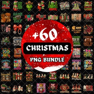 Puede incluir: Un conjunto de 60 gráficos PNG con temática navideña. Los diseños incluyen personajes de Grinch, temas escolares y elementos festivos. El texto de la imagen dice "Christmas PNG Bundle."