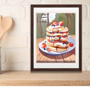 Leckere Pfannkuchen Digital Download V.1 | Druckbare Kunst Frühstück | Stapel Pfannkuchen mit Beeren und Ahornsirup