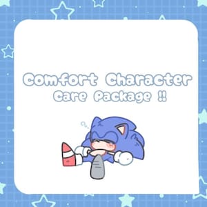Könnte beinhalten: Eine digitale Illustration mit dem Text Comfort Character Care Package !! über einer Zeichnung eines blauen Igel-Charakters mit weißen Handschuhen und roten Schuhen, der in einer entspannten, liegenden Position vor weißem Hintergrund mit blauen Sternen dargestellt ist.