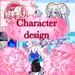 Op de afbeelding: Een digitaal kunstwerk met verschillende karakterontwerpen. De zin "Character design" staat centraal, omgeven door roze wolkvormen en karakterillustraties in neonstijl, tegen een pastelkleurige achtergrond.