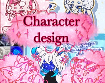 Op de afbeelding: Een digitaal kunstwerk met verschillende karakterontwerpen. De zin "Character design" staat centraal, omgeven door roze wolkvormen en karakterillustraties in neonstijl, tegen een pastelkleurige achtergrond.