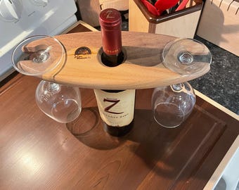 Handcrafted Walnut and Oak Wine Caddy - Elegant Bottle and Glass Holder