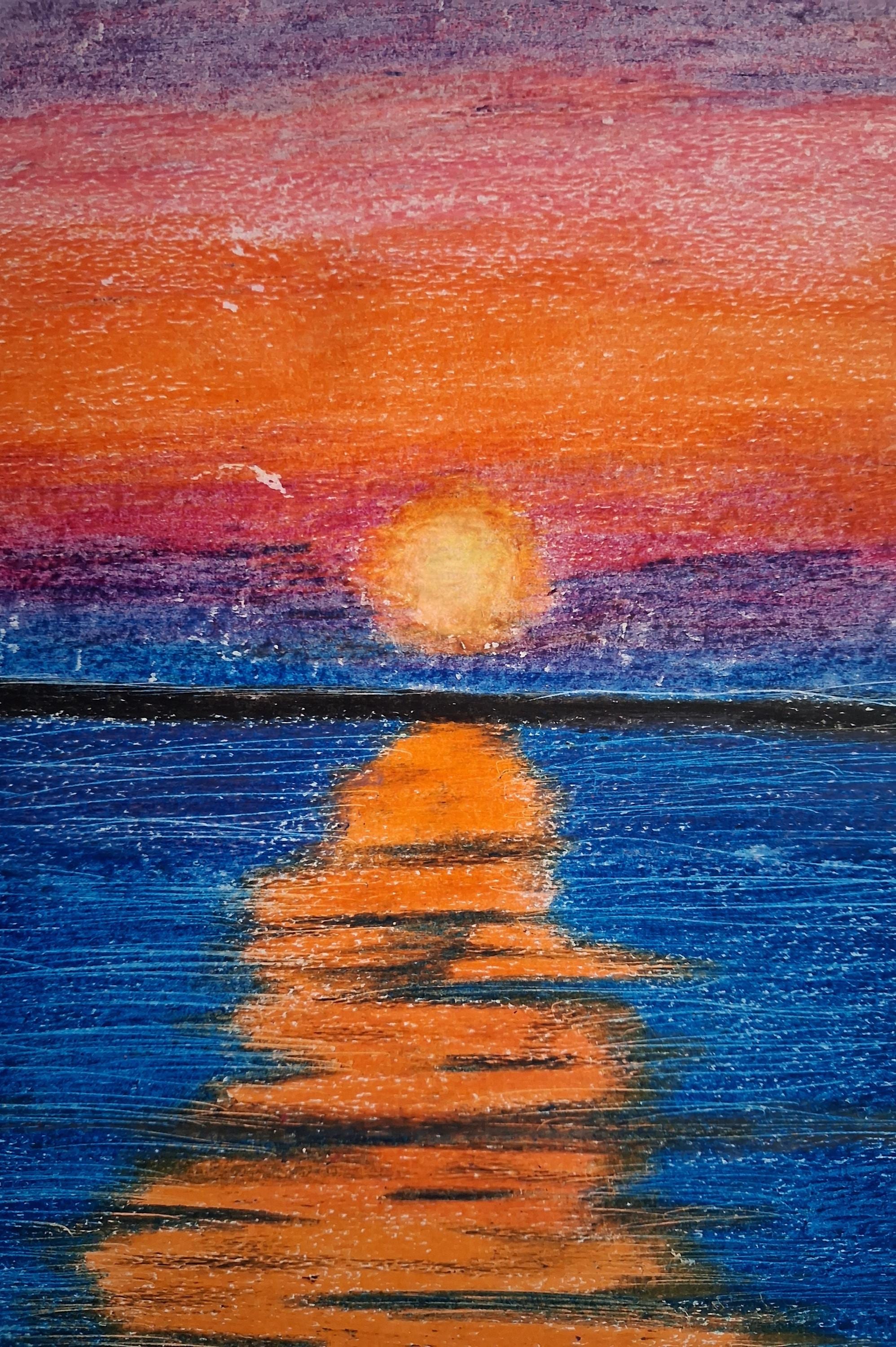 オリジナルクレヨン画、夕日、海の壁掛けアート、鮮やかな風景、A3