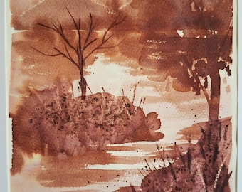 Sepia Tinte Landschaft Original Gemälde, Trockener Baum Unter dem Mond, Minimalistische Natur Kunst, Monochrome Fluss Szene, ruhige Wanddekoration, Kleine Herkunft
