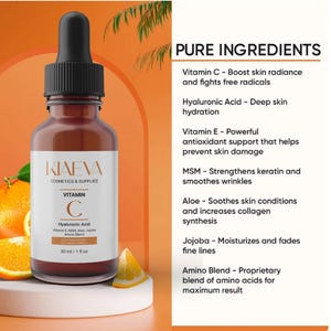 May include: A brown glass bottle of Kiaeva Vitamin C serum with a black dropper. The label includes the text "Vitamin C" and "Hyaluronic Acid". The bottle is 1 fl oz (30 ml). The background is orange with citrus fruit.