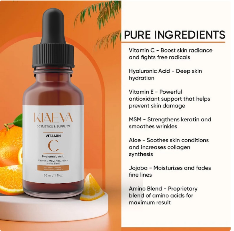 May include: A brown glass bottle of Kiaeva Vitamin C serum with a black dropper. The label includes the text "Vitamin C" and "Hyaluronic Acid". The bottle is 1 fl oz (30 ml). The background is orange with citrus fruit.