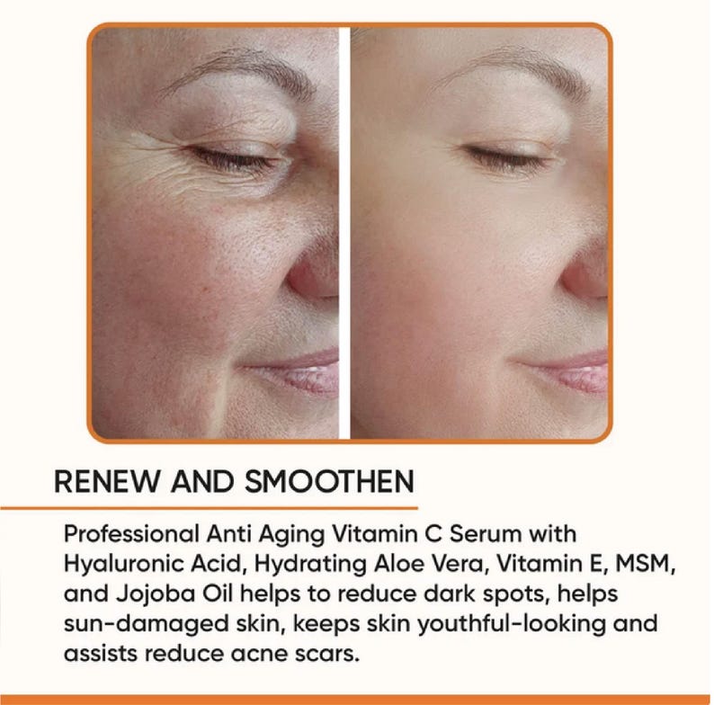 May include: Image showing a side-by-side comparison of a woman's face before and after using a skincare product. The left side shows visible wrinkles and uneven skin tone, while the right side appears smoother and brighter. Text reads: RENEW AND SMOOTHEN.