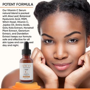 May include: A brown glass bottle of Vitamin C serum with a black dropper, labeled "KAEVA Vitamin C". The bottle sits on an orange platform. The image includes text about the serum's ingredients and benefits, and a woman's face.