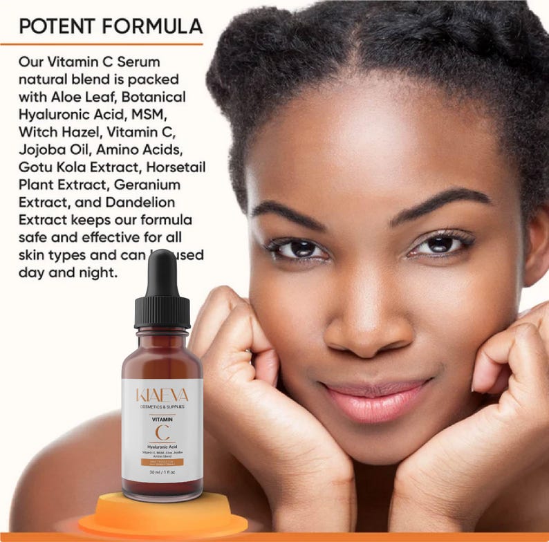 May include: A brown glass bottle of Vitamin C serum with a black dropper, labeled "KAEVA Vitamin C". The bottle sits on an orange platform. The image includes text about the serum's ingredients and benefits, and a woman's face.