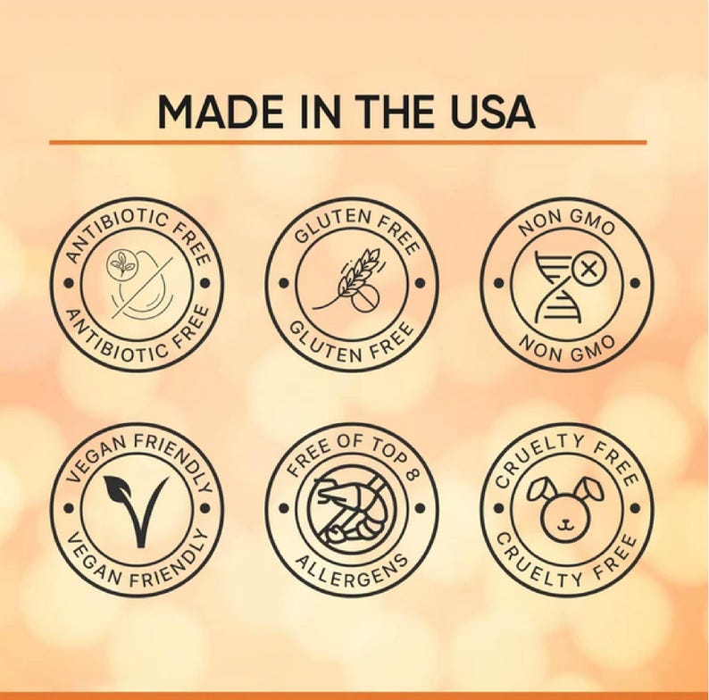 May include: Image featuring six circular badges with text and icons. The badges state: Antibiotic Free, Gluten Free, Non GMO, Vegan Friendly, Free of Top 8 Allergens, and Cruelty Free. The text "MADE IN THE USA" is at the top.