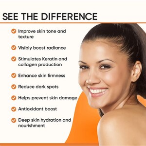 May include: Image features a smiling woman with text that reads "SEE THE DIFFERENCE." The text lists benefits including improved skin tone, boosted radiance, and enhanced firmness. The image promotes skincare products.