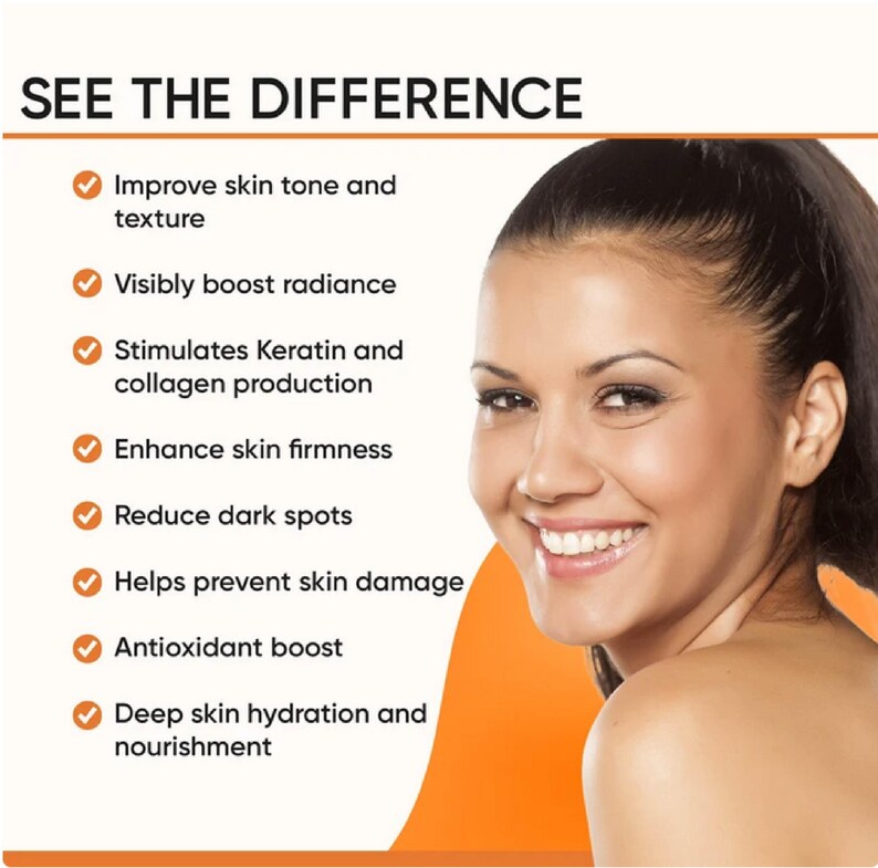 May include: Image features a smiling woman with text that reads "SEE THE DIFFERENCE." The text lists benefits including improved skin tone, boosted radiance, and enhanced firmness. The image promotes skincare products.