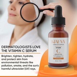 May include: A brown glass bottle of Vitamin C serum with a black dropper. The label reads "KIAEVA COSMETICS & SUPPLIES" and "VITAMIN C". The bottle contains 30 ml / 1 fl oz of serum. Text in the image says "DERMATOLOGISTS LOVE THE VITAMIN C SERUM".