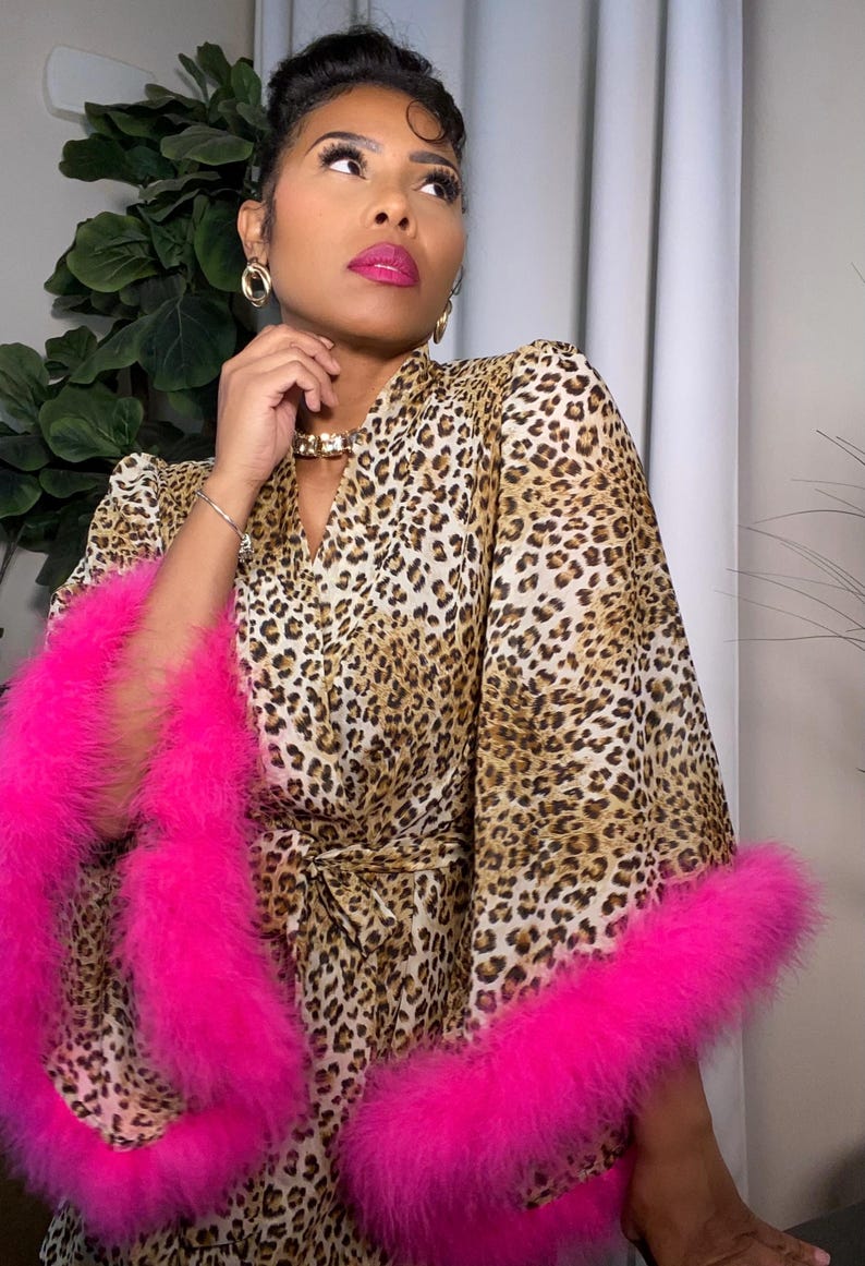 Chiffon Leopard print feather kimono Robe with Pink Feathers / Birthday Gift / Loungewear / Spring Robe/ image 6