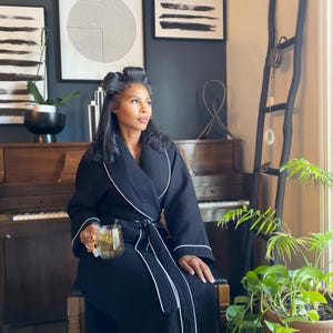 Black Waffle Robe with white pipping