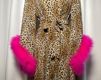 Chiffon Leopard print feather kimono Robe with Pink Feathers / Birthday Gift / Loungewear / Spring Robe/