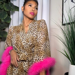 Chiffon Leopard print feather kimono Robe with Pink Feathers / Birthday Gift / Loungewear / Spring Robe/ image 5